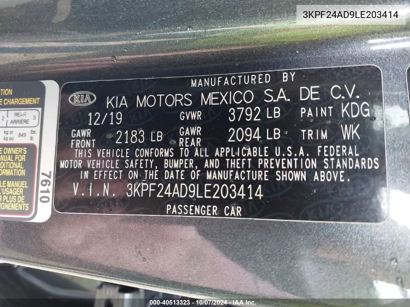 2020 Kia Forte Fe/Lxs VIN: 3KPF24AD9LE203414 Lot: 40513323