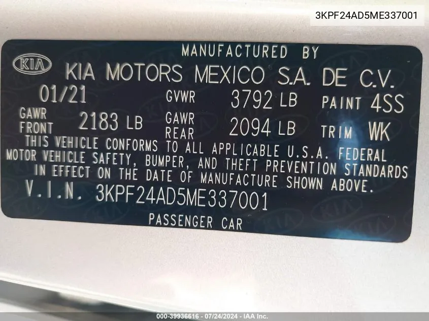 2021 Kia Forte Lxs VIN: 3KPF24AD5ME337001 Lot: 39936616