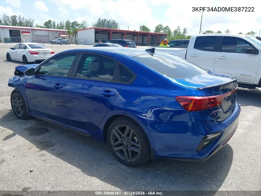 2021 Kia Forte Gt-Line VIN: 3KPF34AD0ME387222 Lot: 39948361