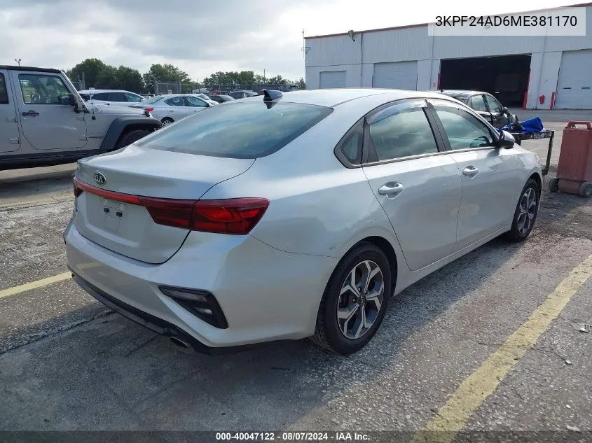 2021 Kia Forte Lxs VIN: 3KPF24AD6ME381170 Lot: 40047122