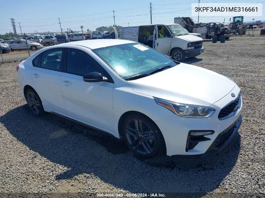 2021 Kia Forte Gt-Line VIN: 3KPF34AD1ME316661 Lot: 40047540