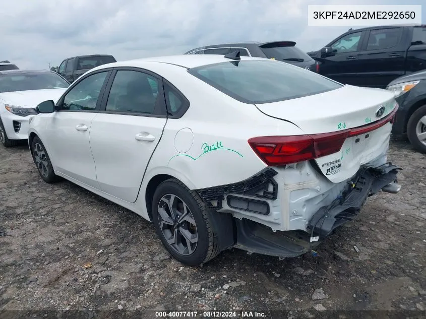 2021 Kia Forte Lxs VIN: 3KPF24AD2ME292650 Lot: 40077417