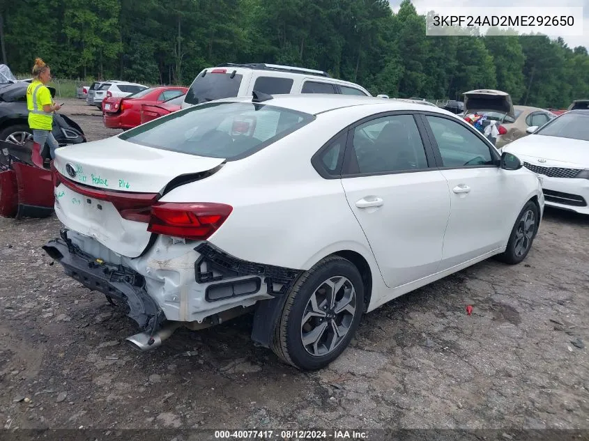 2021 Kia Forte Lxs VIN: 3KPF24AD2ME292650 Lot: 40077417