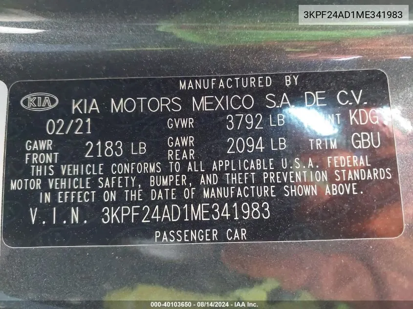 2021 Kia Forte Lxs VIN: 3KPF24AD1ME341983 Lot: 40103650