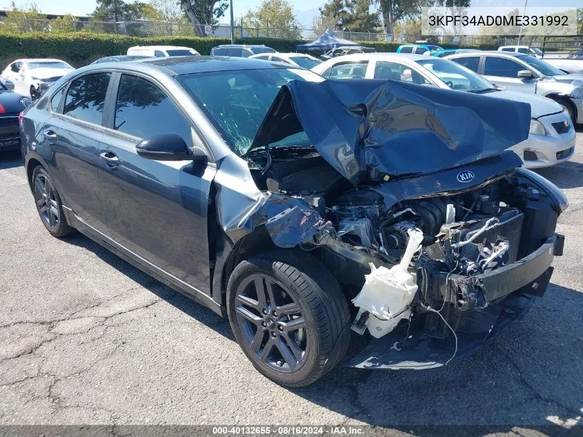 2021 Kia Forte Gt-Line VIN: 3KPF34AD0ME331992 Lot: 40132655