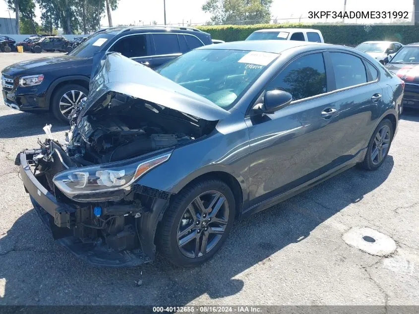 2021 Kia Forte Gt-Line VIN: 3KPF34AD0ME331992 Lot: 40132655