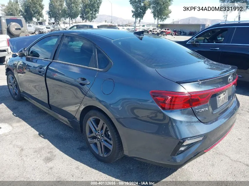 2021 Kia Forte Gt-Line VIN: 3KPF34AD0ME331992 Lot: 40132655