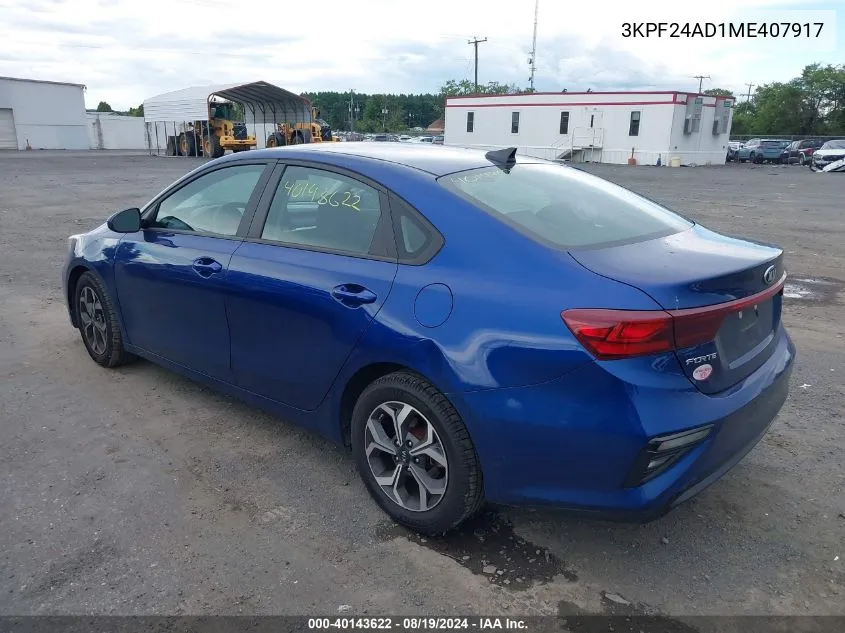 2021 Kia Forte Lxs VIN: 3KPF24AD1ME407917 Lot: 40143622