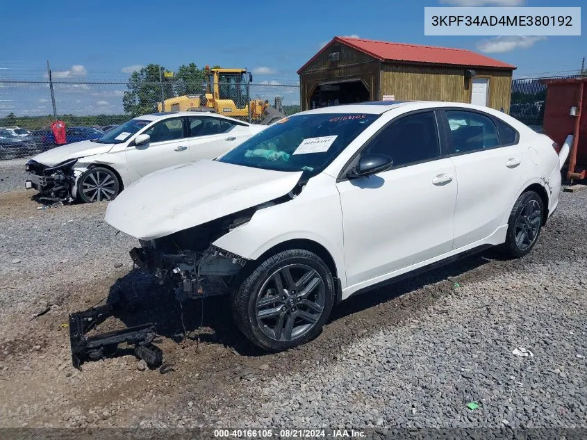 2021 Kia Forte Gt Line VIN: 3KPF34AD4ME380192 Lot: 40166105