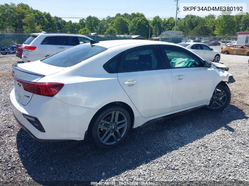 2021 Kia Forte Gt Line VIN: 3KPF34AD4ME380192 Lot: 40166105