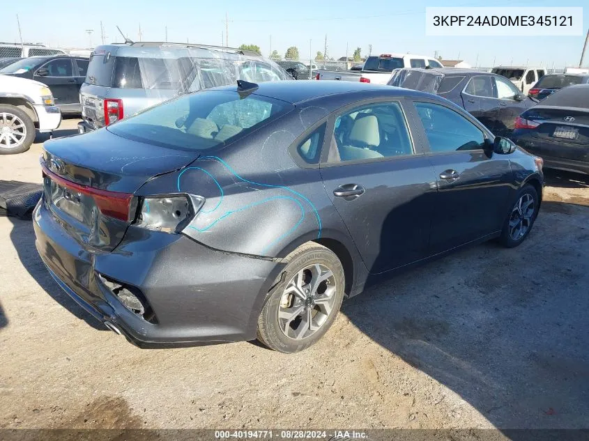 2021 Kia Forte Lxs VIN: 3KPF24AD0ME345121 Lot: 40194771