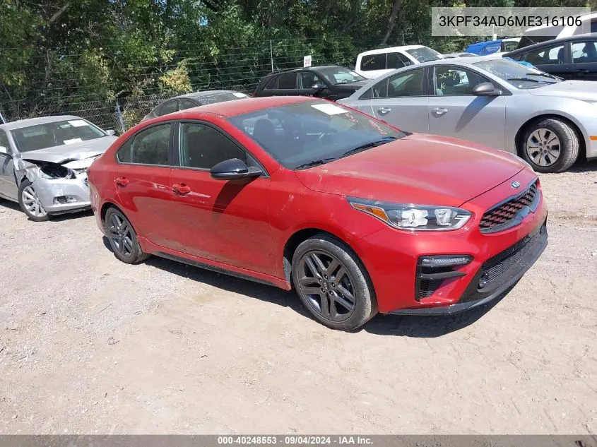 2021 Kia Forte Gt-Line VIN: 3KPF34AD6ME316106 Lot: 40248553