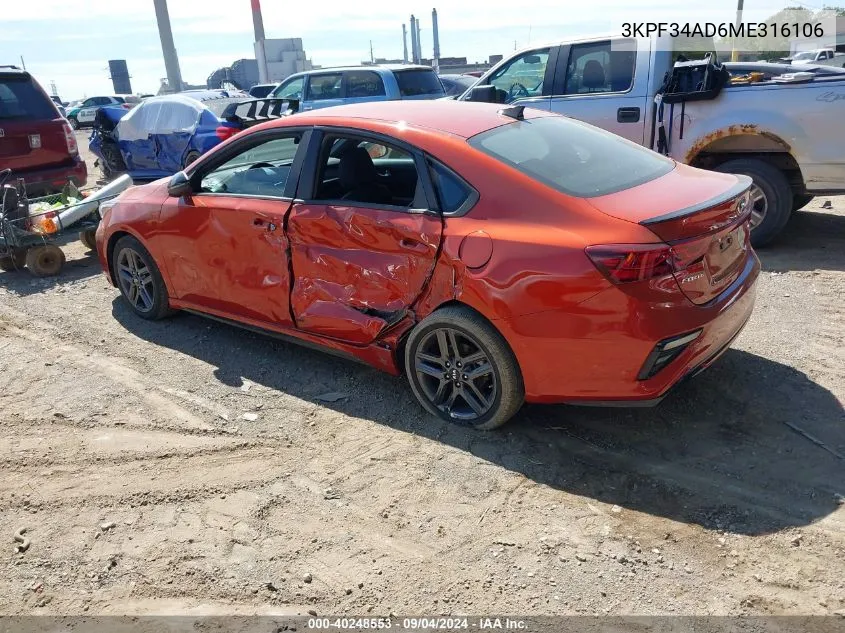 2021 Kia Forte Gt-Line VIN: 3KPF34AD6ME316106 Lot: 40248553