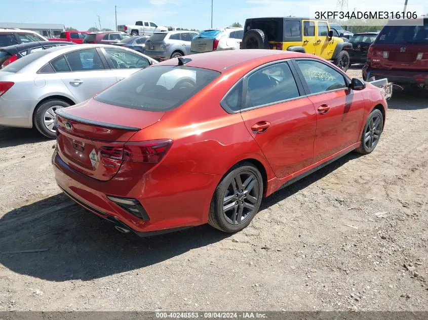 2021 Kia Forte Gt-Line VIN: 3KPF34AD6ME316106 Lot: 40248553