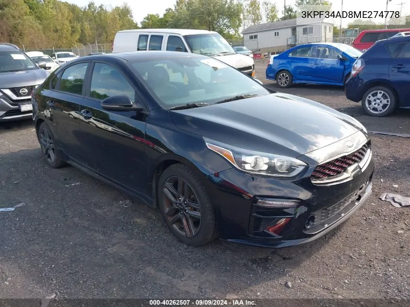 2021 Kia Forte Gt-Line VIN: 3KPF34AD8ME274778 Lot: 40262507