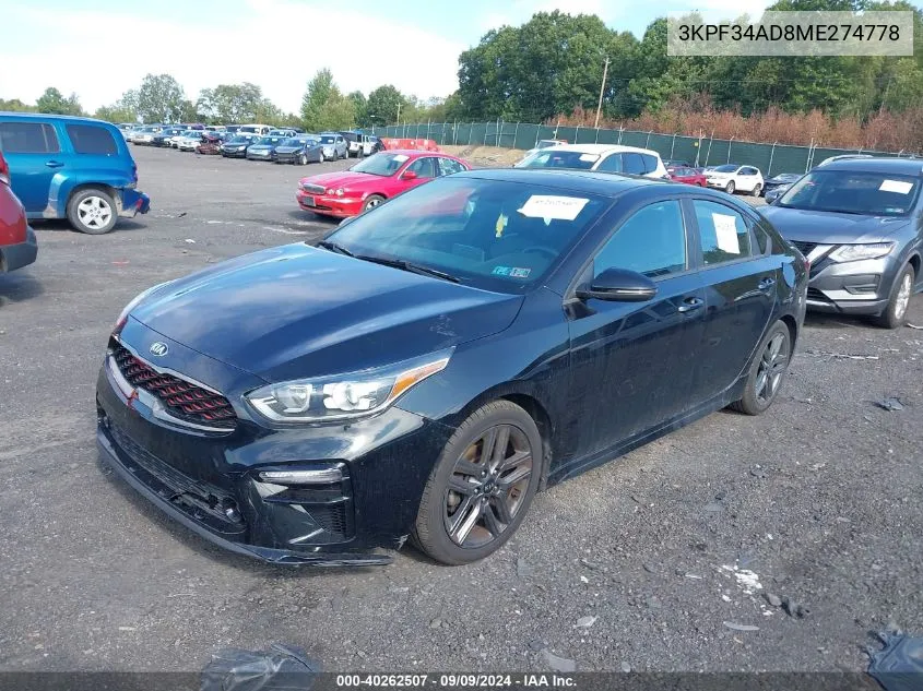 2021 Kia Forte Gt-Line VIN: 3KPF34AD8ME274778 Lot: 40262507