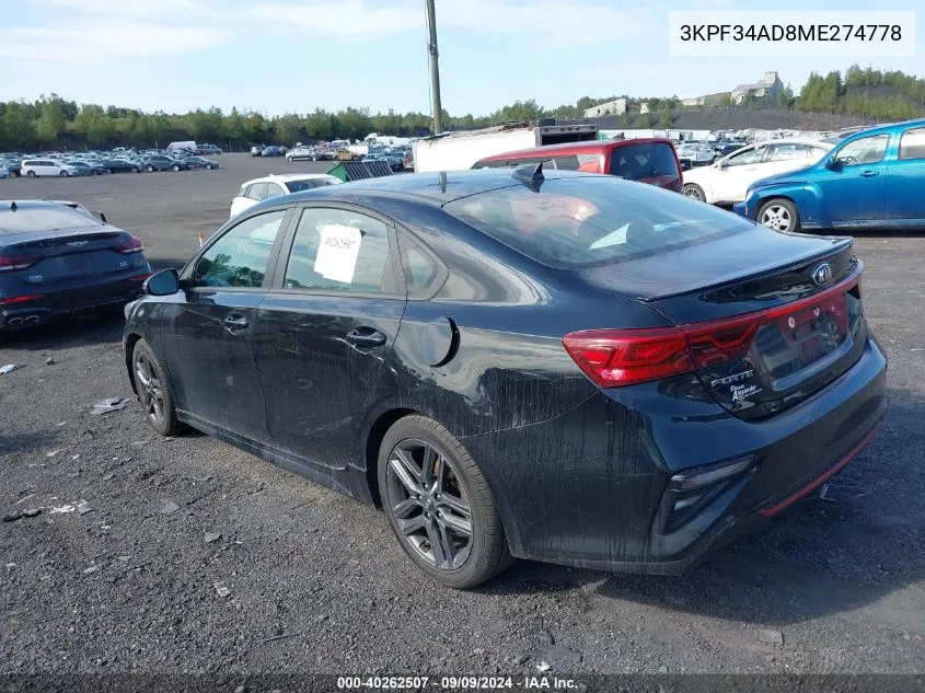 2021 Kia Forte Gt-Line VIN: 3KPF34AD8ME274778 Lot: 40262507