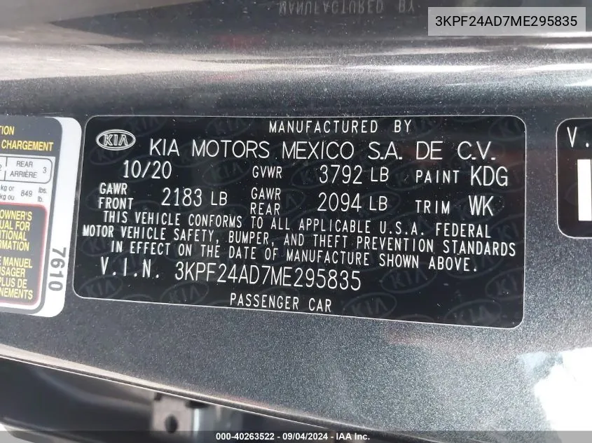 3KPF24AD7ME295835 2021 Kia Forte Fe/Lxs