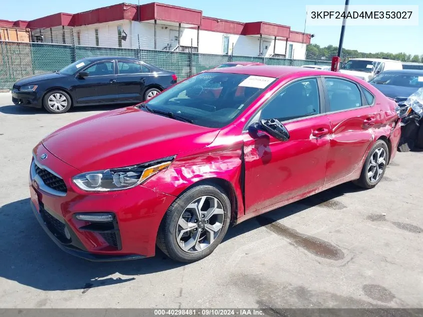 2021 Kia Forte Lxs VIN: 3KPF24AD4ME353027 Lot: 40298481