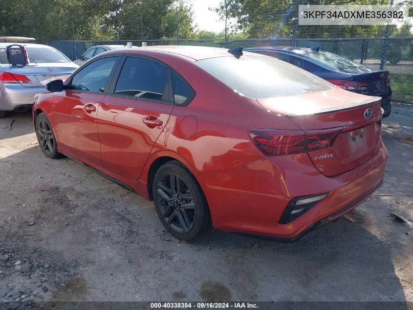 2021 Kia Forte Gt Line VIN: 3KPF34ADXME356382 Lot: 40338384