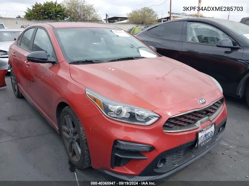 2021 Kia Forte Gt-Line VIN: 3KPF34ADXME285703 Lot: 40365947