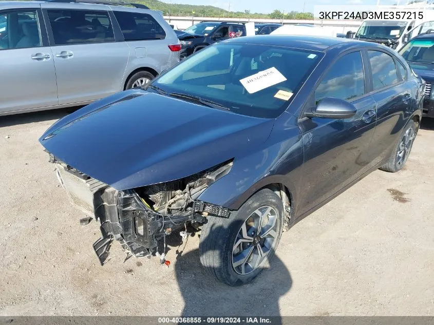 2021 Kia Forte Lxs VIN: 3KPF24AD3ME357215 Lot: 40368855