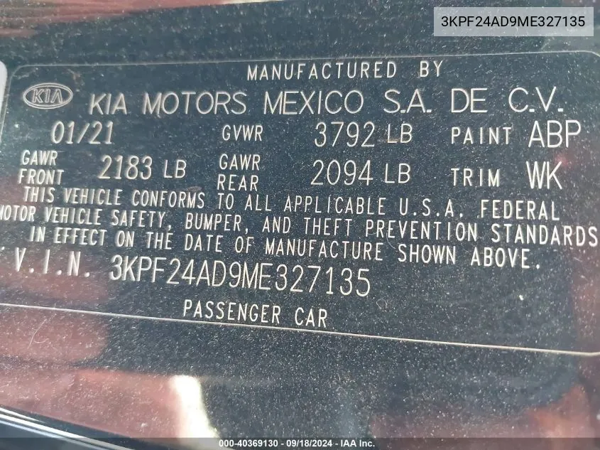 2021 Kia Forte Lxs VIN: 3KPF24AD9ME327135 Lot: 40369130