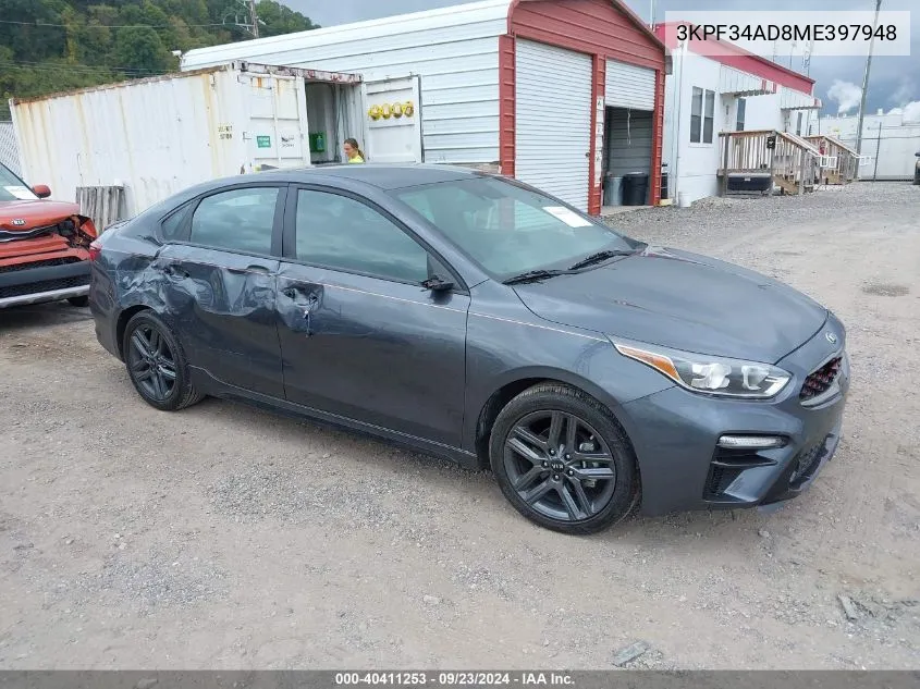 2021 Kia Forte Gt-Line VIN: 3KPF34AD8ME397948 Lot: 40411253