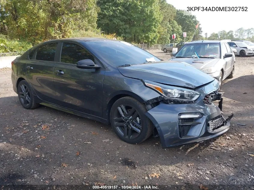 2021 Kia Forte Gt-Line VIN: 3KPF34AD0ME302752 Lot: 40519157