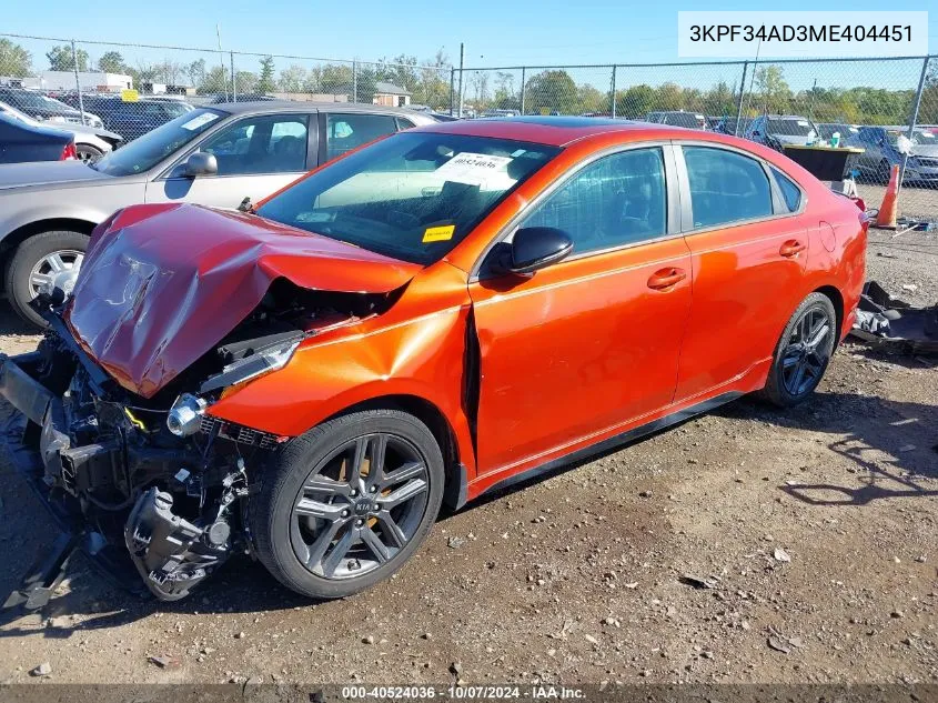 2021 Kia Forte Gt Line VIN: 3KPF34AD3ME404451 Lot: 40524036