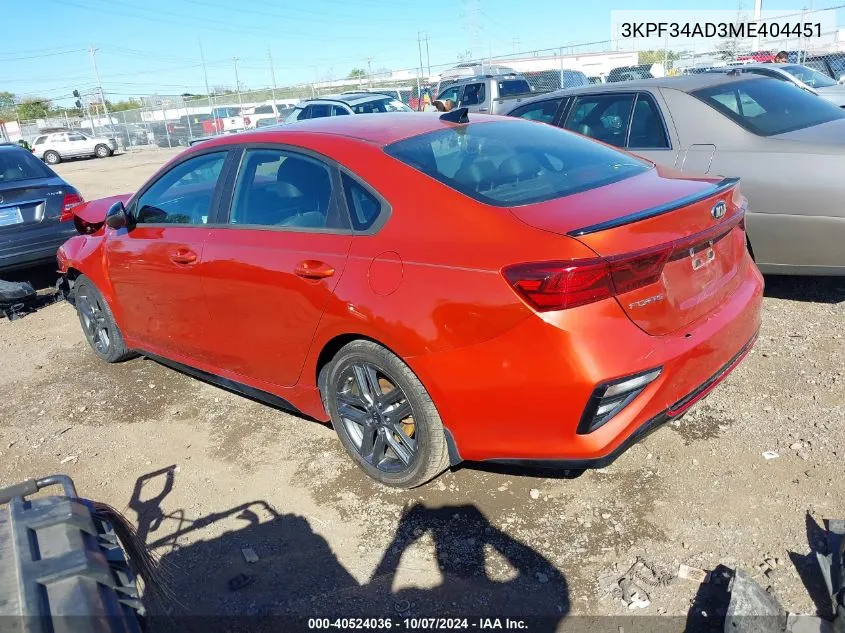 2021 Kia Forte Gt Line VIN: 3KPF34AD3ME404451 Lot: 40524036