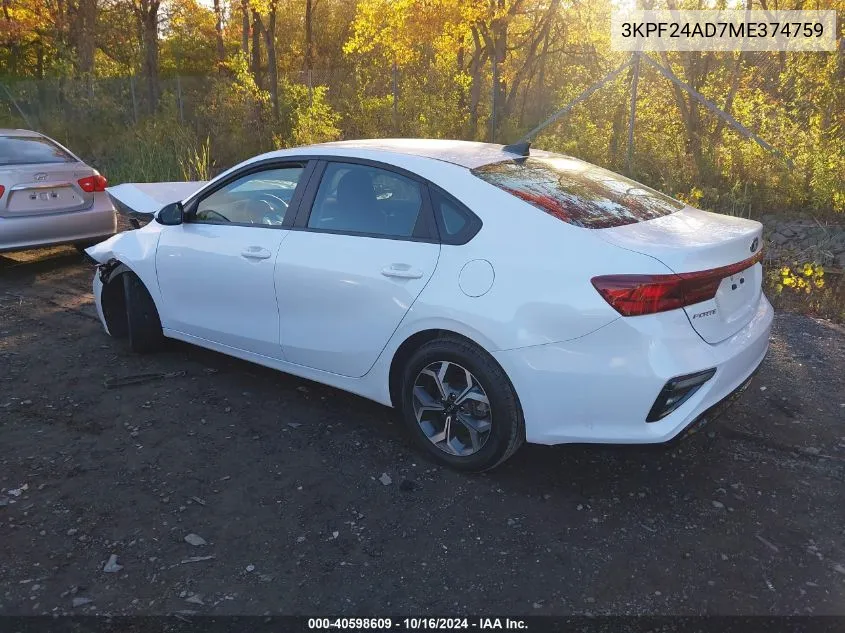 2021 Kia Forte Lxs VIN: 3KPF24AD7ME374759 Lot: 40598609