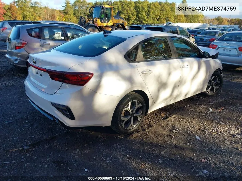 2021 Kia Forte Lxs VIN: 3KPF24AD7ME374759 Lot: 40598609