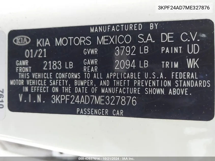 2021 Kia Forte Lxs VIN: 3KPF24AD7ME327876 Lot: 40657614