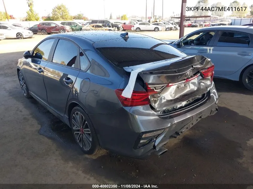 2021 Kia Forte Gt VIN: 3KPF44AC7ME411617 Lot: 40802350