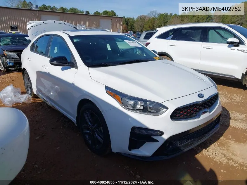 2021 Kia Forte Gt-Line VIN: 3KPF34AD7ME402752 Lot: 40824655