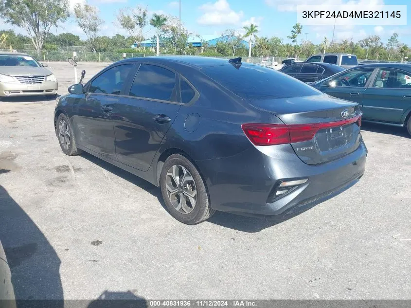 2021 Kia Forte Lxs VIN: 3KPF24AD4ME321145 Lot: 40831936