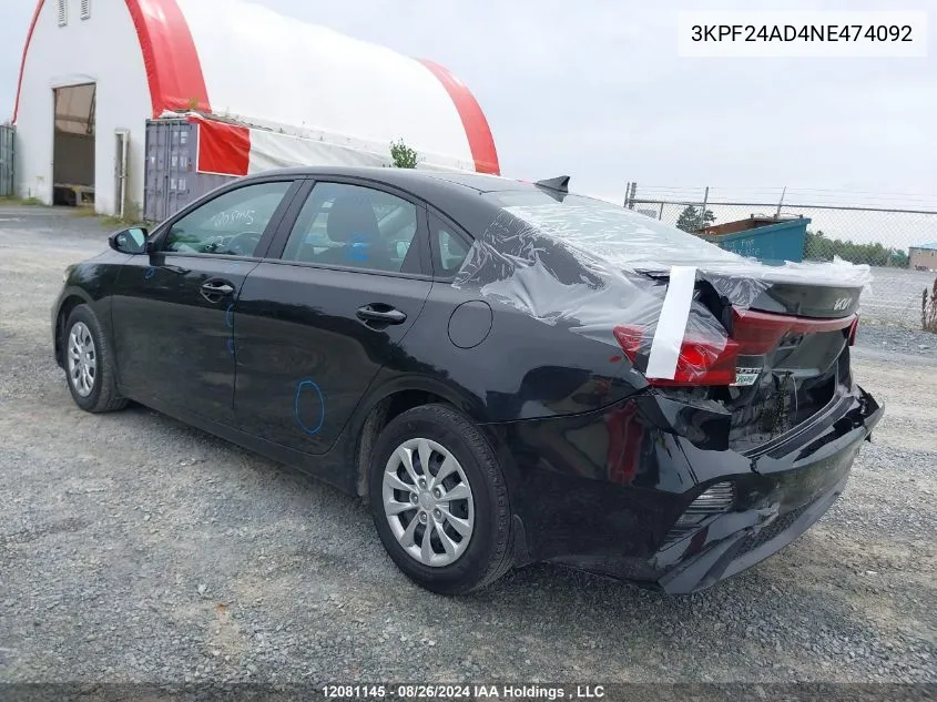 2022 Kia Forte VIN: 3KPF24AD4NE474092 Lot: 12081145