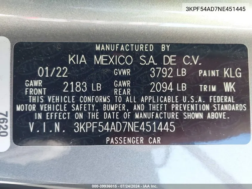 2022 Kia Forte Gt-Line VIN: 3KPF54AD7NE451445 Lot: 39936015