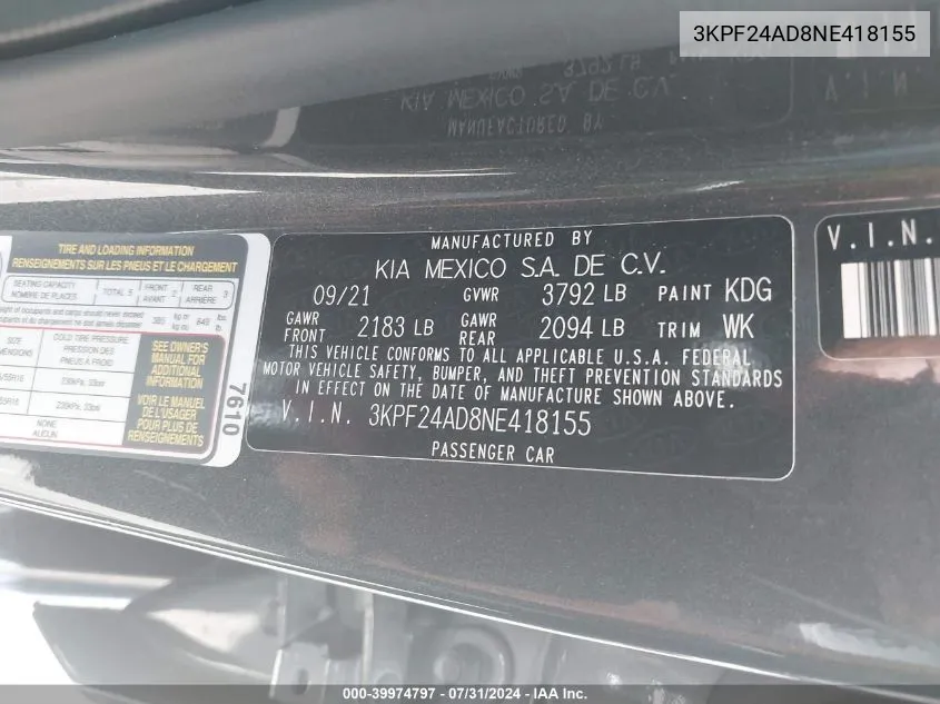 3KPF24AD8NE418155 2022 Kia Forte Lxs