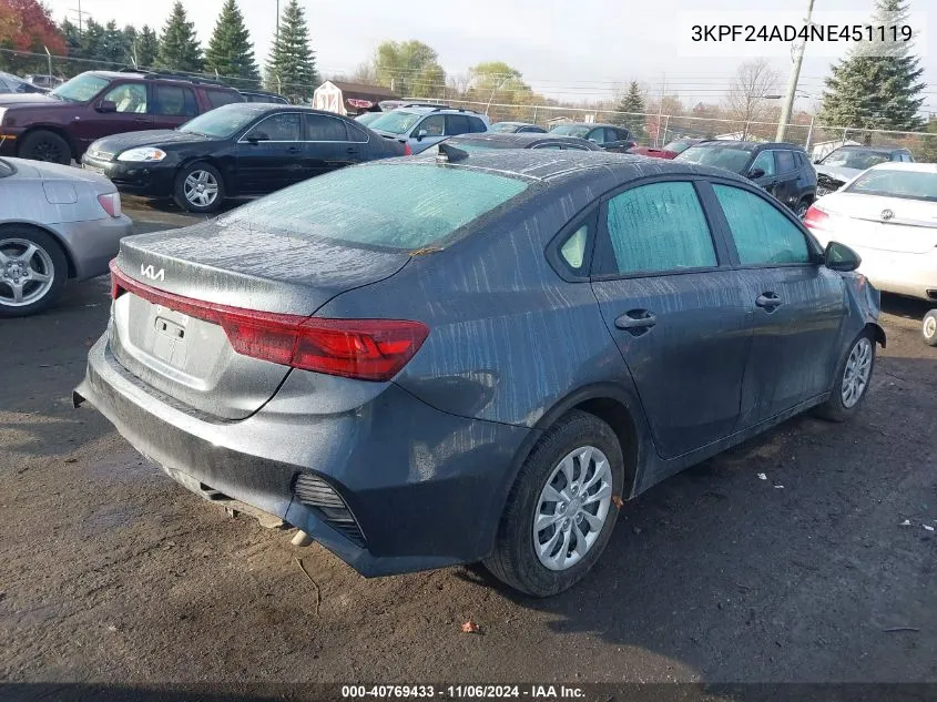 2022 Kia Forte Fe VIN: 3KPF24AD4NE451119 Lot: 40769433