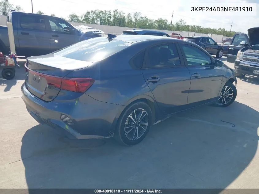 2022 Kia Forte Lxs VIN: 3KPF24AD3NE481910 Lot: 40818118