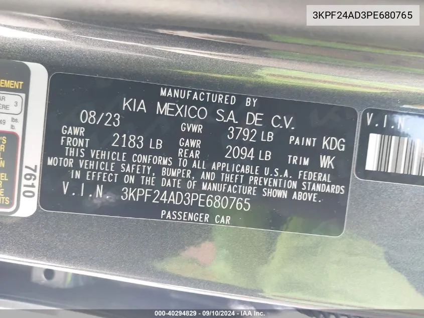 2023 Kia Forte Lxs VIN: 3KPF24AD3PE680765 Lot: 40294829