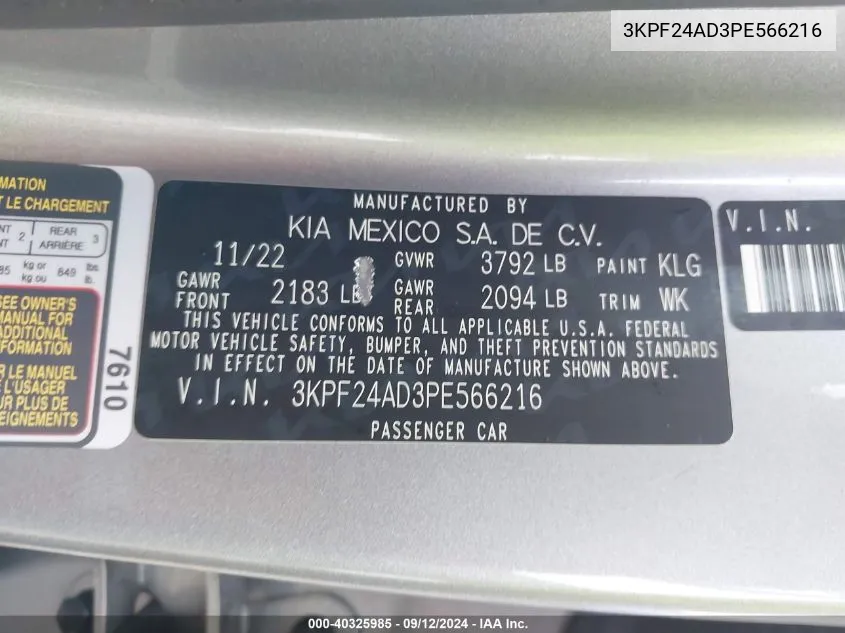 3KPF24AD3PE566216 2023 Kia Forte Lx/Lxs