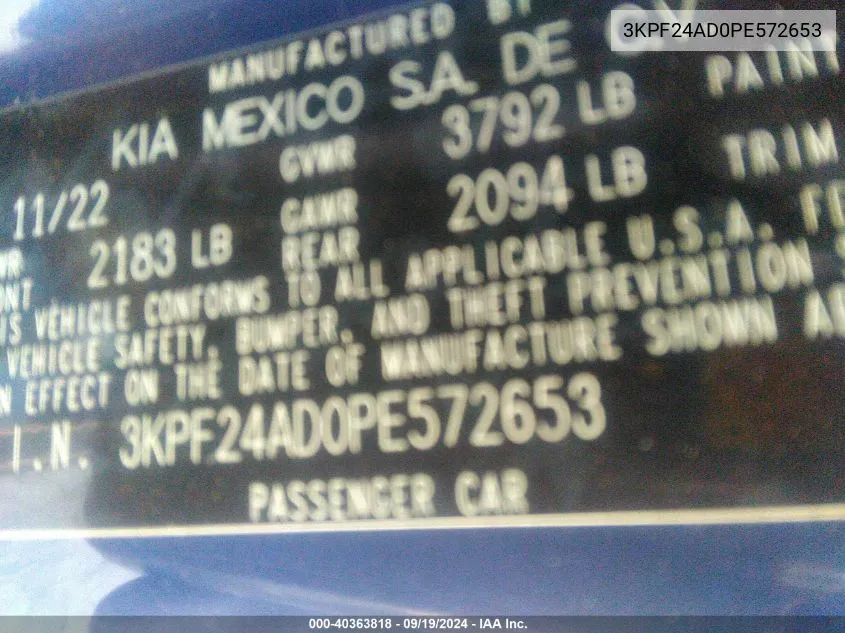 3KPF24AD0PE572653 2023 Kia Forte Lxs