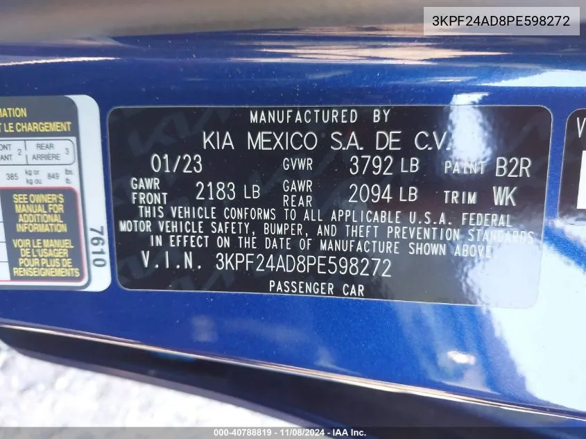 2023 Kia Forte Lxs VIN: 3KPF24AD8PE598272 Lot: 40788819