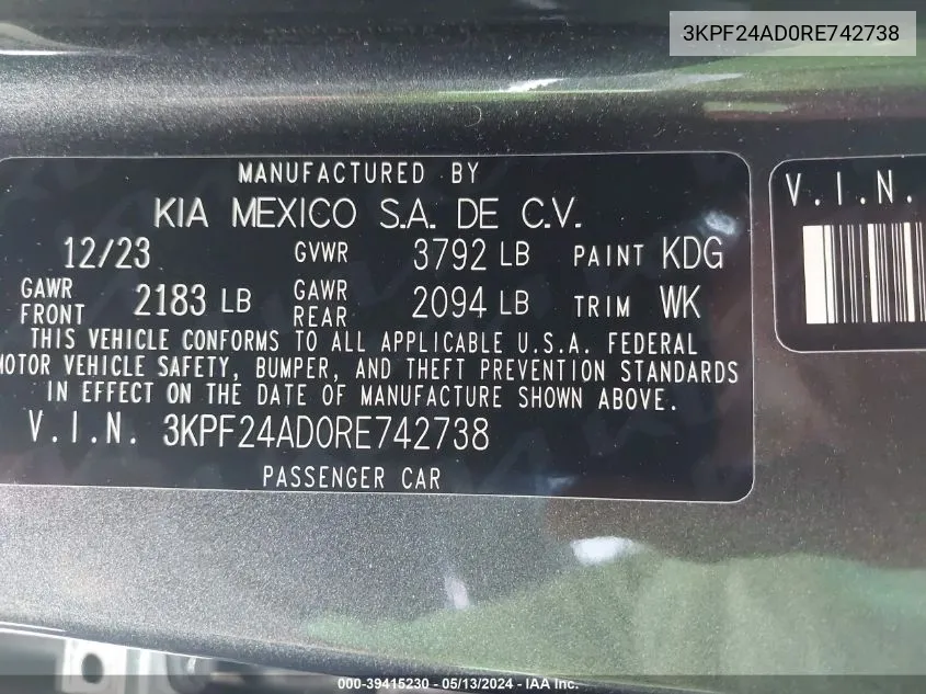 2024 Kia Forte Lx VIN: 3KPF24AD0RE742738 Lot: 39415230