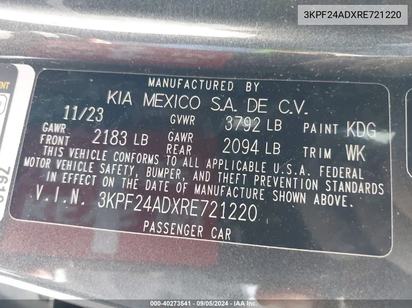 3KPF24ADXRE721220 2024 Kia Forte Lx/Lxs