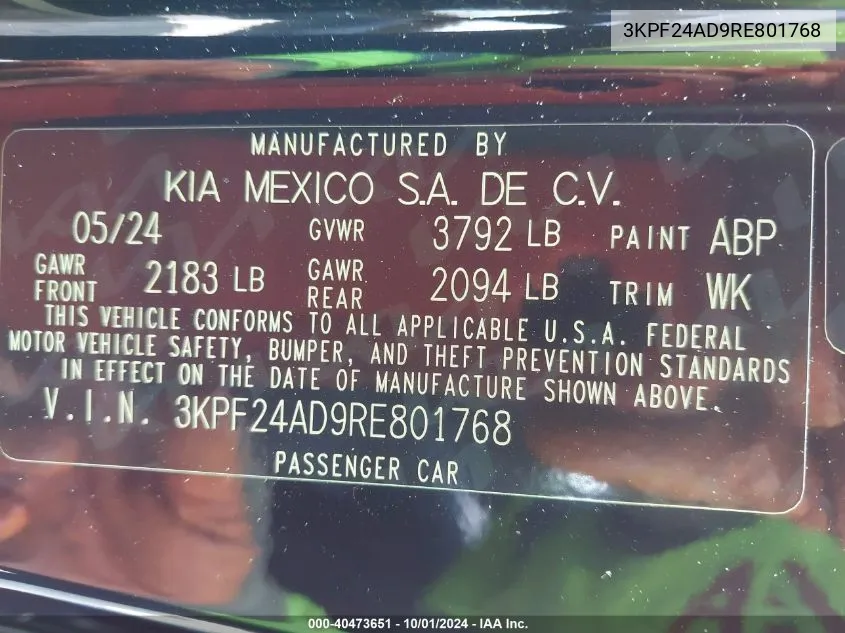 3KPF24AD9RE801768 2024 Kia Forte Lxs