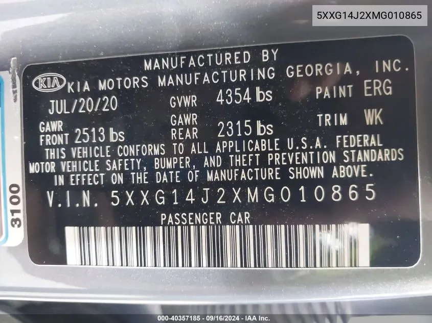 5XXG14J2XMG010865 2021 Kia K5 Lxs